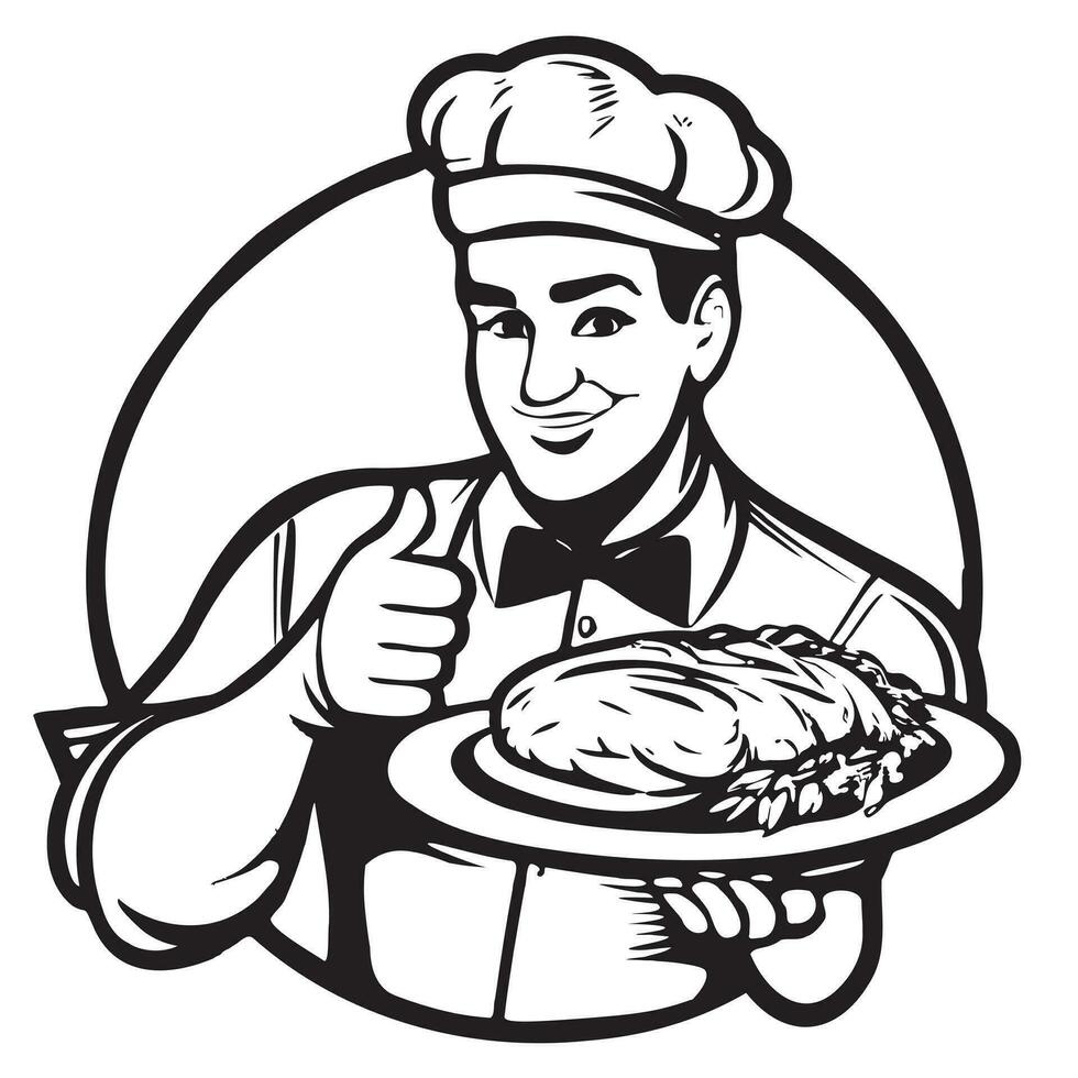 Chef holding dish in hands logo sketch hand drawn in doodle style Vector illustration