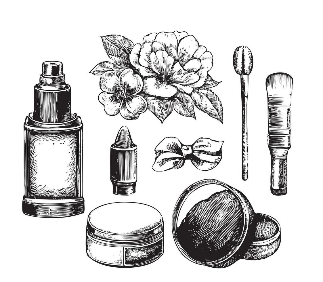 productos cosméticos conjunto retro bosquejo mano dibujado vector ilustración