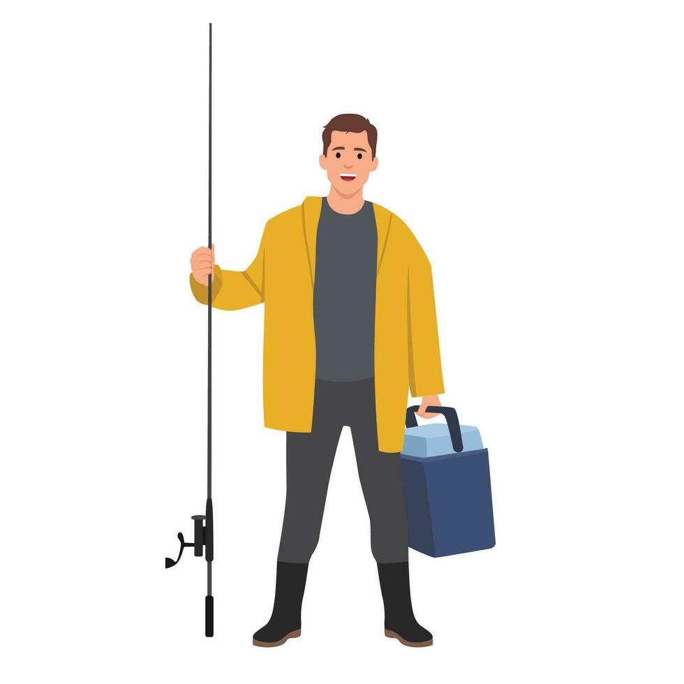 Young fisherman holding a fishing rod and a fridge. vector