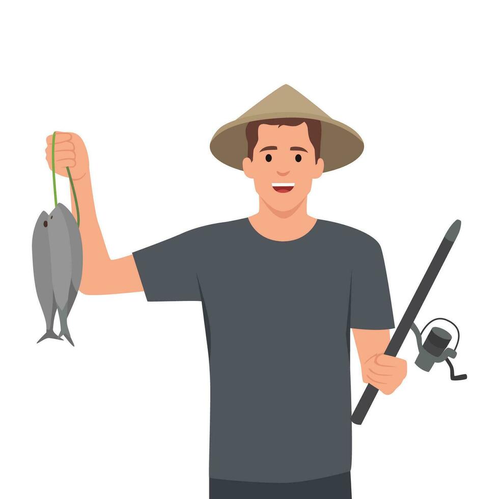 Happy young fisherman on the beach holding his catch fish. vector