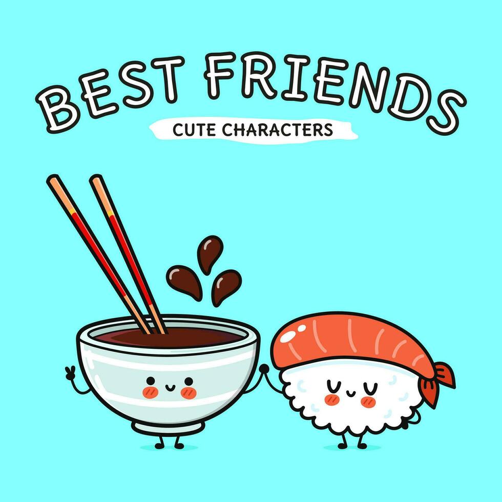 Sushi and soy sauce character. Vector hand drawn cartoon kawaii characters, illustration icon. Funny cartoon happy Sushi and soy sauce friends