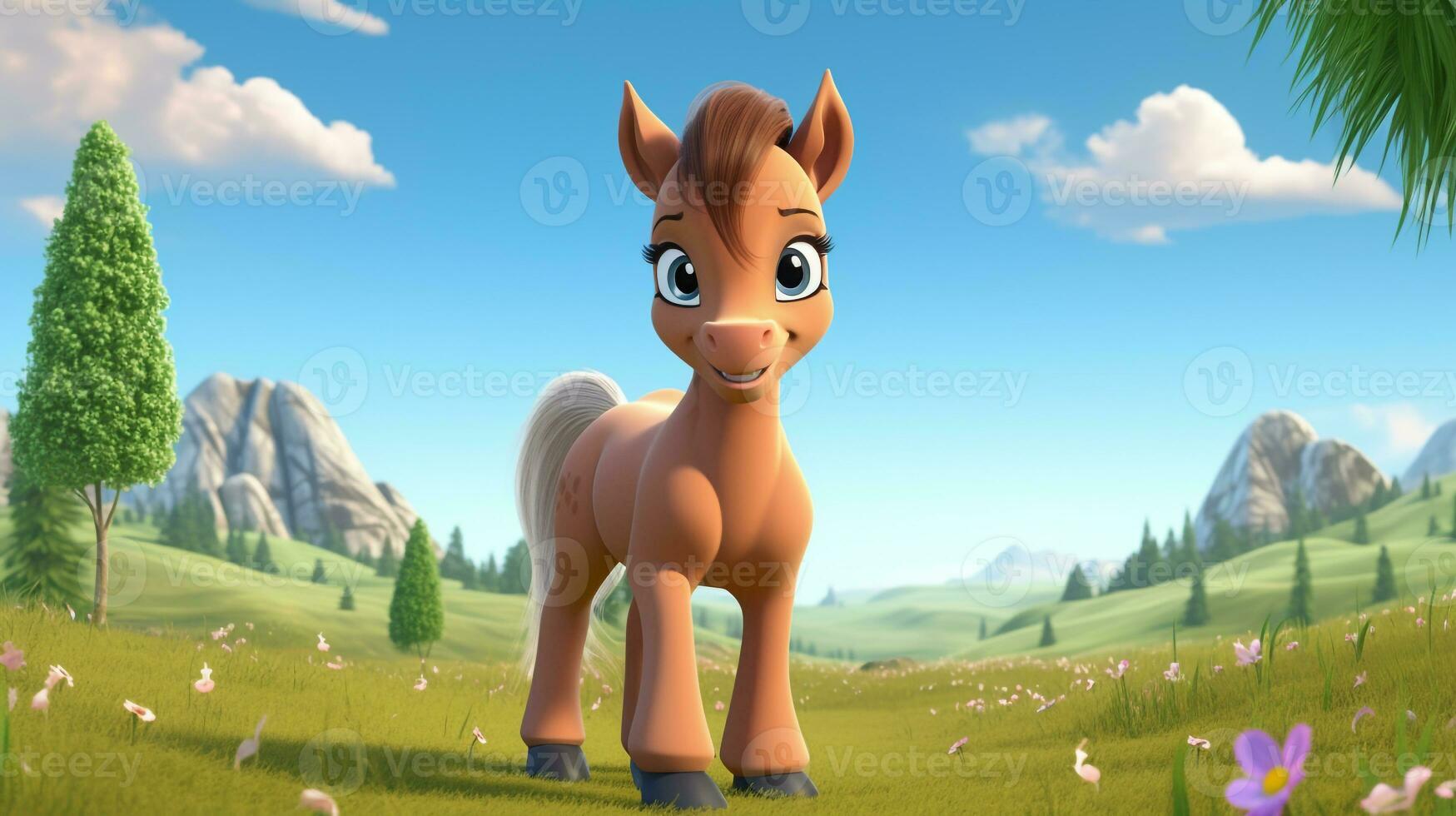 un linda pequeño caballo en disney dibujos animados estilo. generativo ai foto