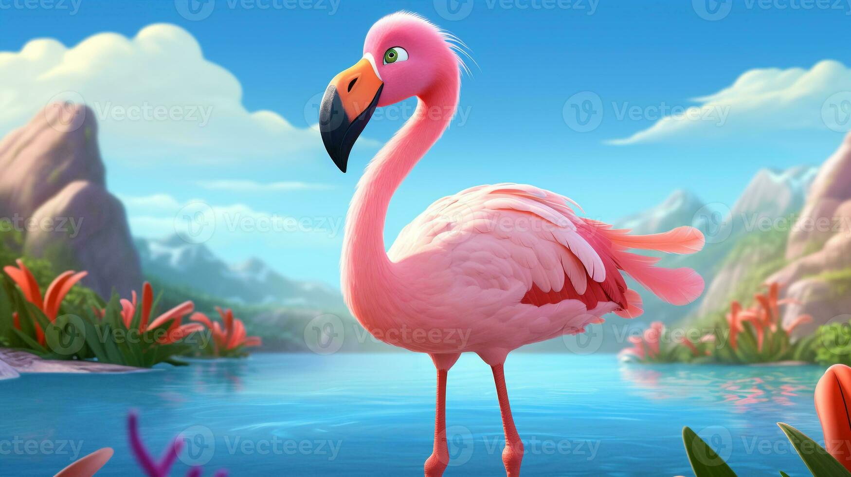 a cute little Flamingo in Disney cartoon style. Generative AI photo