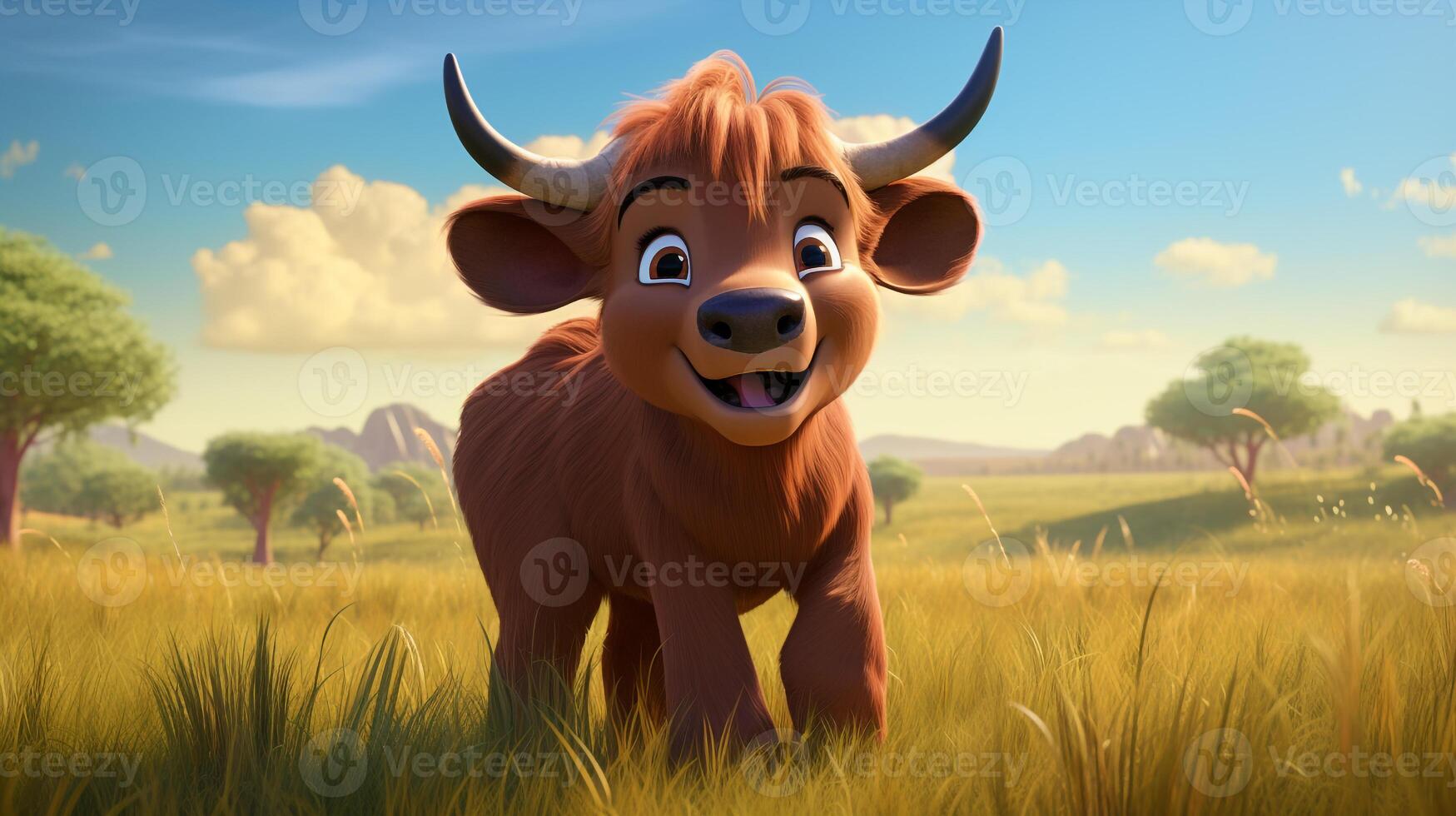 a cute little Buffalo in Disney cartoon style. Generative AI photo