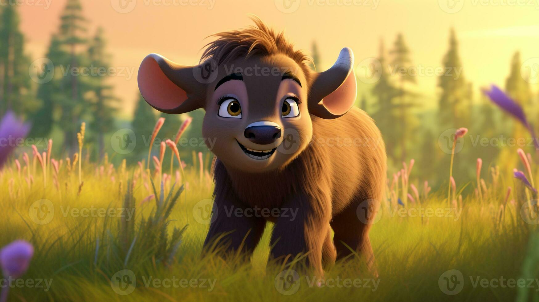 a cute little Buffalo in Disney cartoon style. Generative AI photo