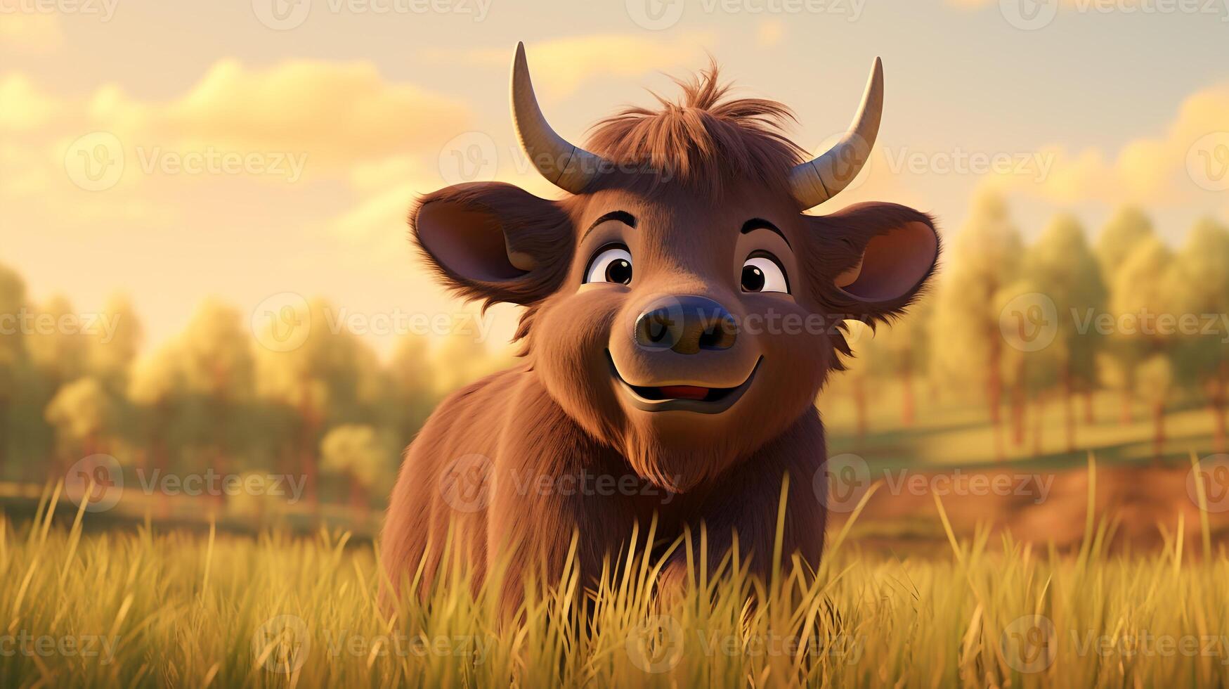 a cute little Buffalo in Disney cartoon style. Generative AI photo