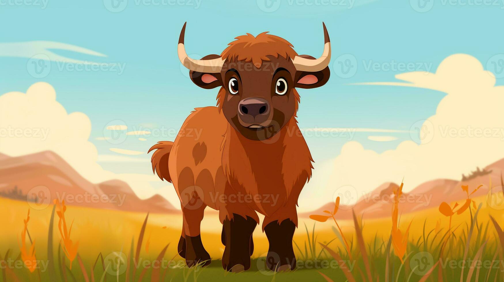 a cute little Bison in Disney cartoon style. Generative AI photo