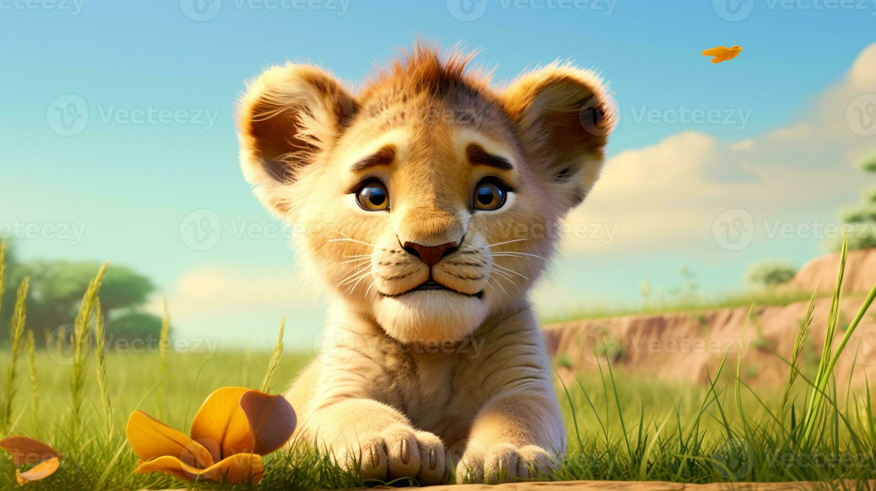 un linda pequeño león en disney dibujos animados estilo. generativo ai foto