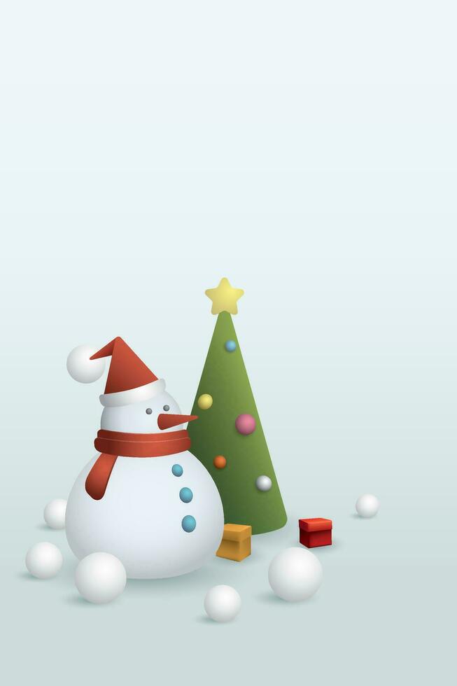 Snowman with decorated christmas tree in snow landscape at night geometric shapes 3D style vector illustration. Merry Christmas and happy new year greeting card vertical template have blank space.