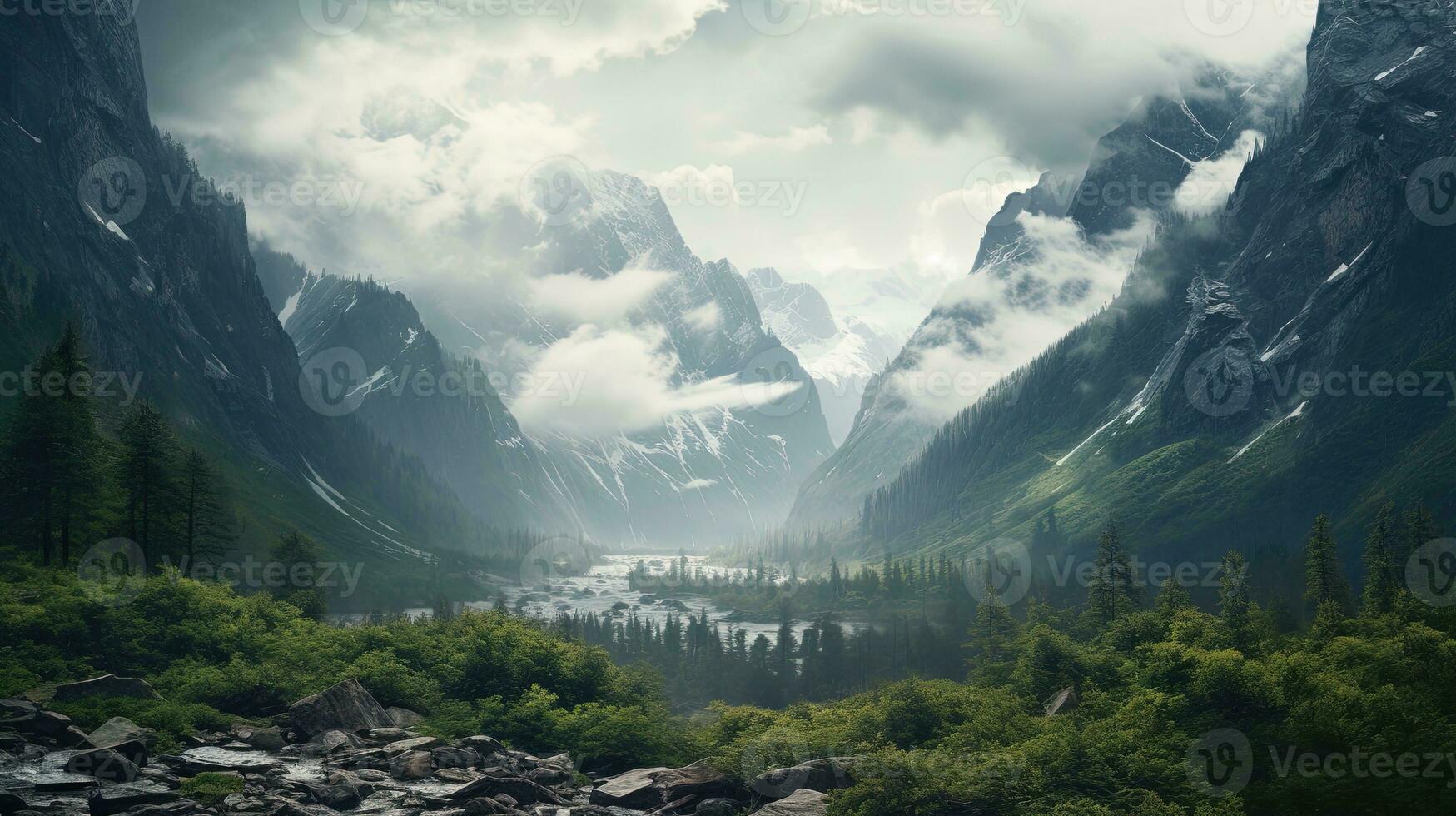 un detallado ver de natural paisajes, capturar el grandeza de majestuoso montañas foto