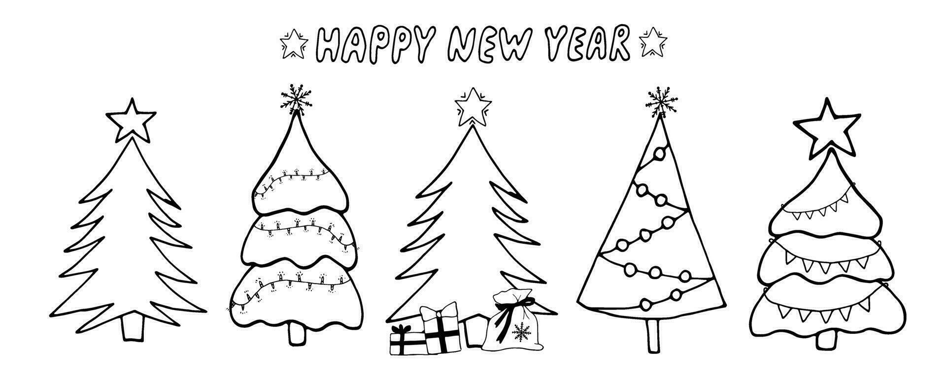 Collection of Christmas trees. Symbol of winter holidays. Happy New Year and Merry Christmas. Simple hand drawn doodle shape concept.For winter season cards, New Year posters and banners. vector