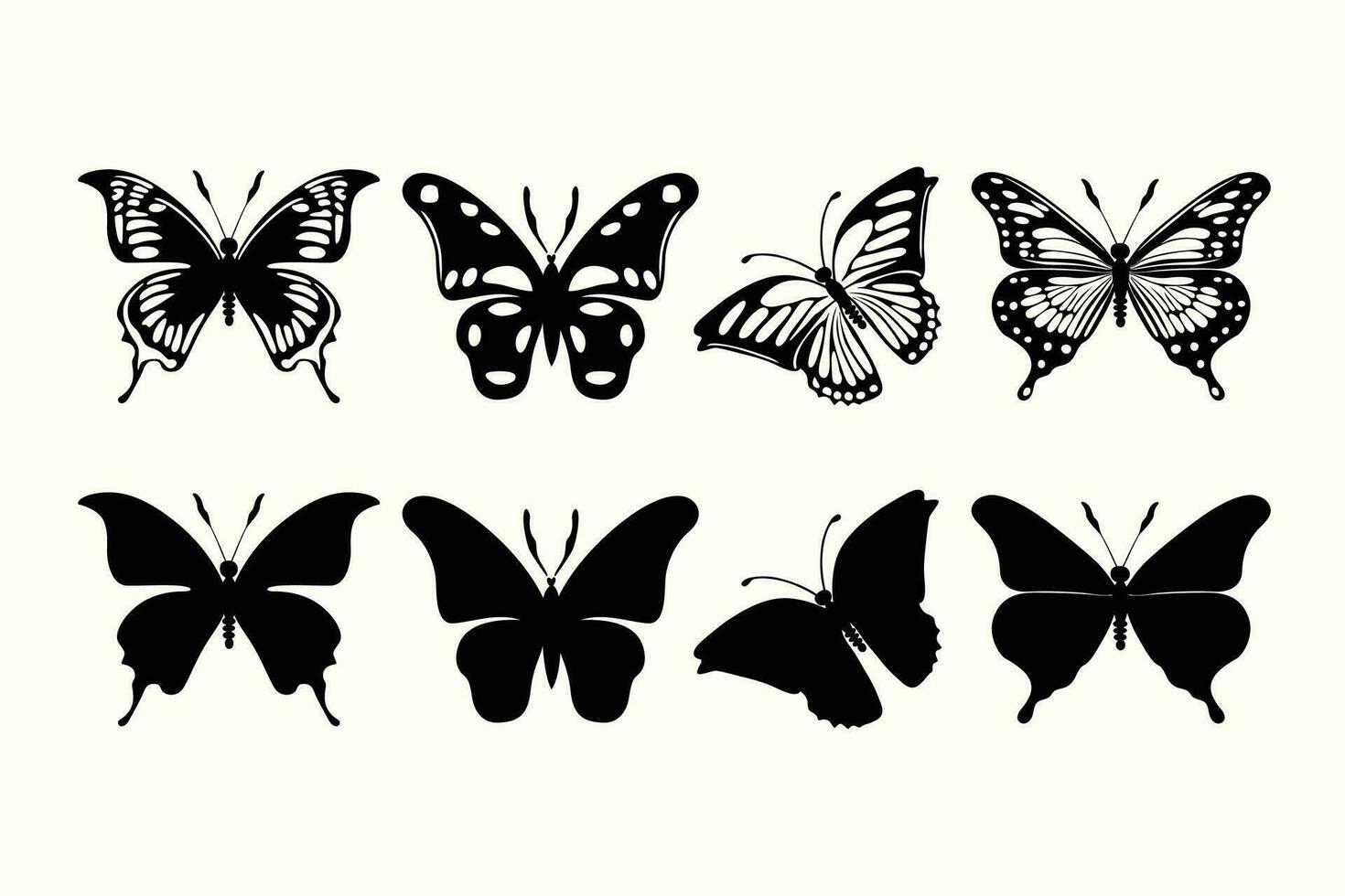 Black and white vector image of a flying butterfly silhouette for tattoo cards.