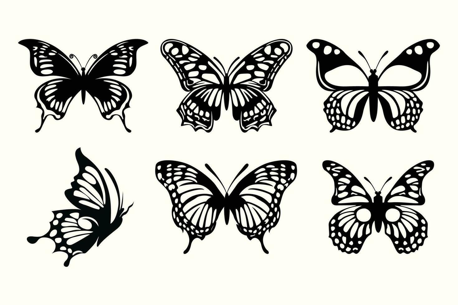 Black and white vector image of a flying butterfly silhouette for tattoo cards.