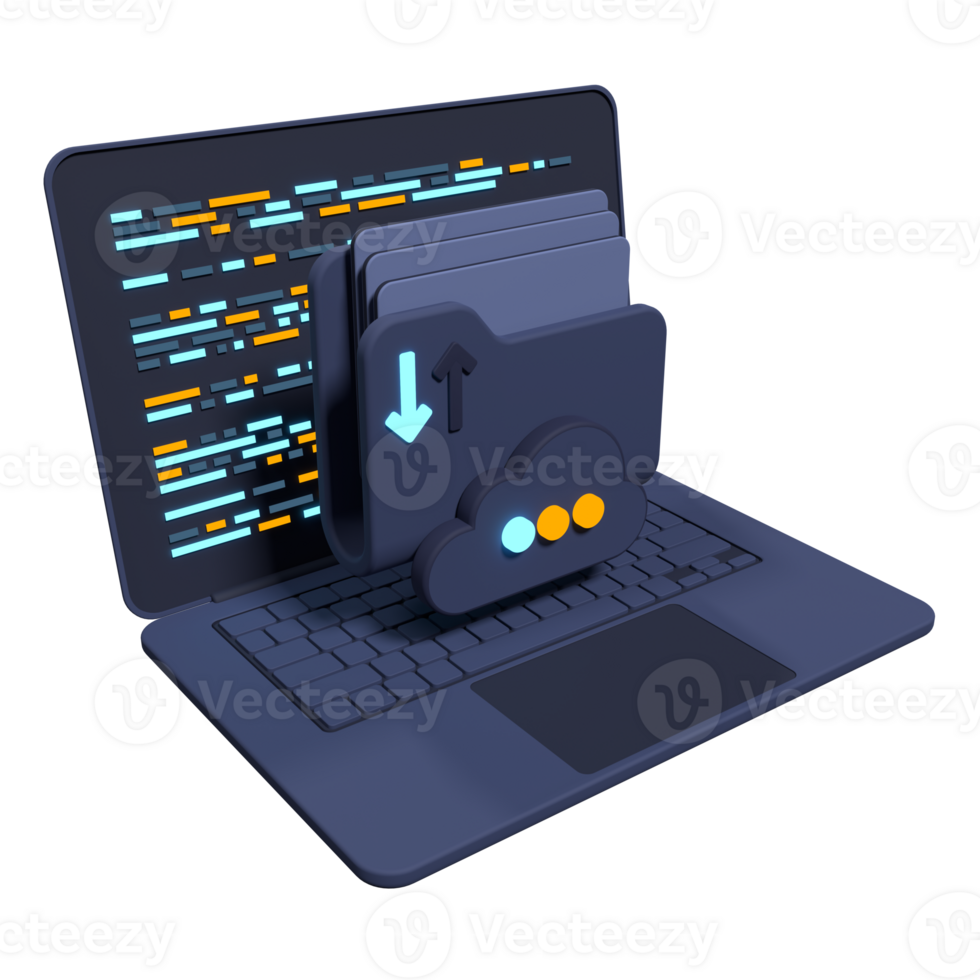 3d file folder on laptop screen. Laptop and files. Document folder. Storage share data. 3d rendering illustration png