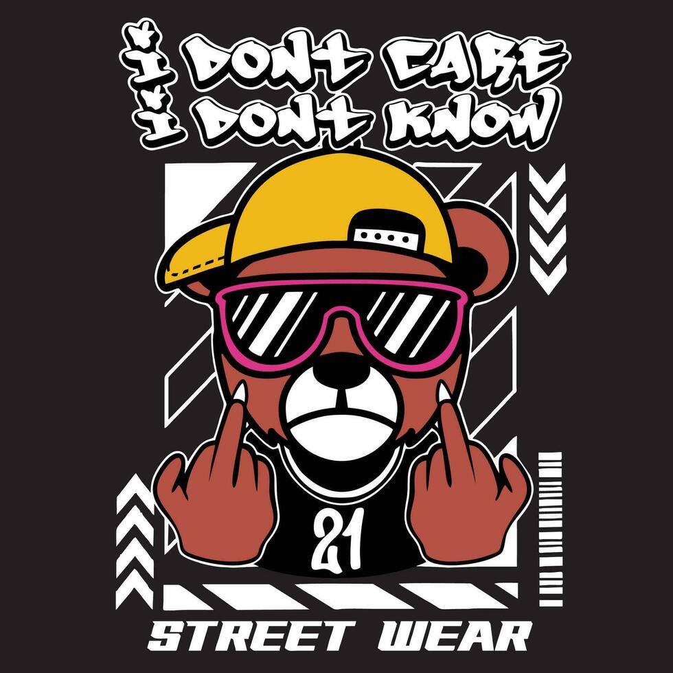 Graffiti coll bear street wear illustration with slogan i don't care i don't know vector
