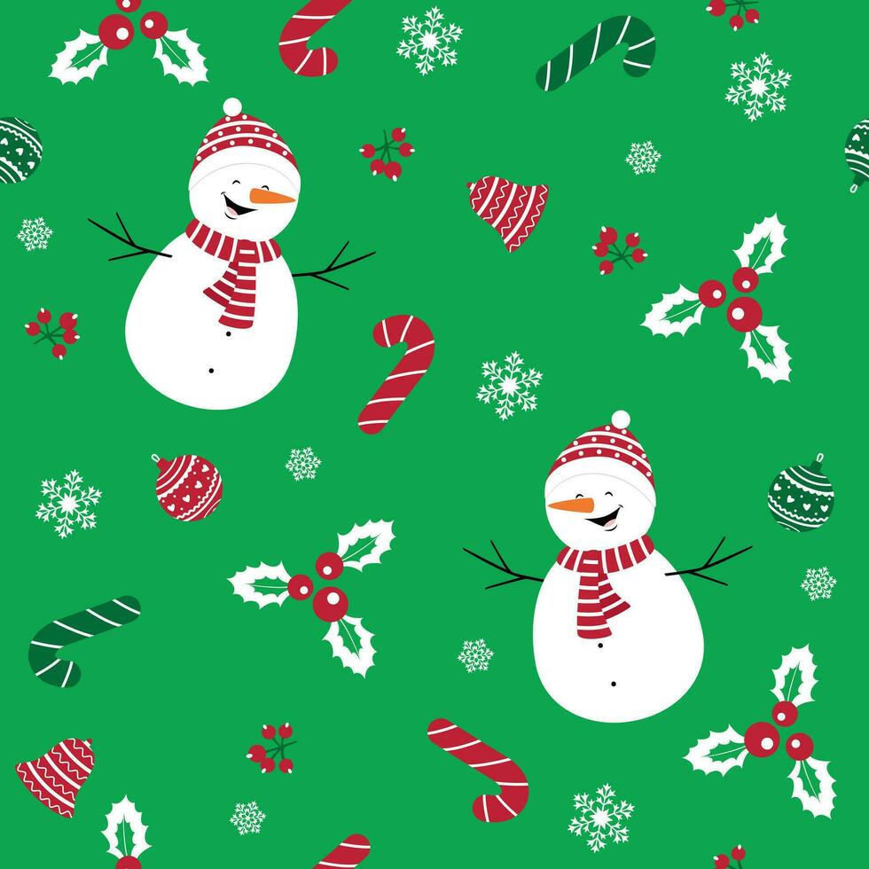 Seamless pattern with snowman, candy, holly berry and snowflakes. Vector flat design for wrapper, fabric, wallpaper.