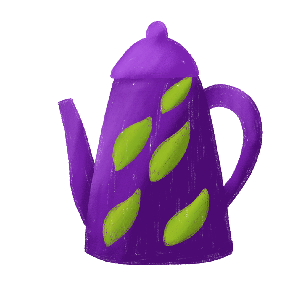 a purple tea pot with green leaves on it png