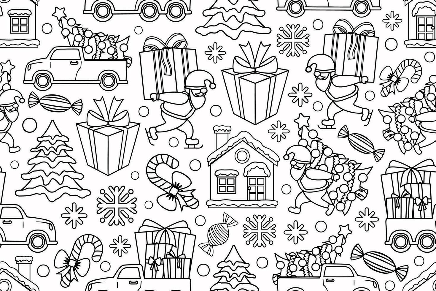Seamless line art Christmas pattern with Santa, cars carrying gifts and decorated Christmas trees, presents, snow covered houses and firs. vector