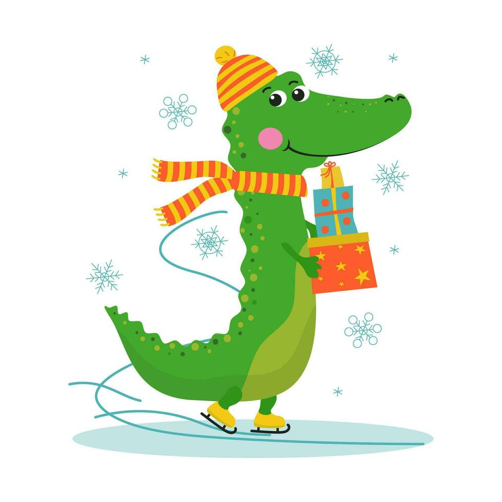 Cheerful cartoon crocodile on skates with a box of gifts. Holiday decor. Crocodile in warm knitted clothes, hat and scarf. Winter accessories. New Year, Christmas, winter season. Vector illustration.