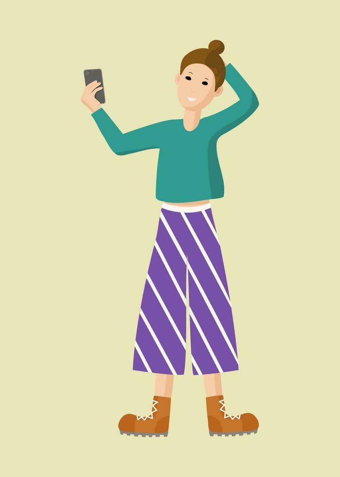 Woman takes a selfie with the phone. A young, happy, smiling woman using a smartphone, chatting, making video calls, calling her boyfriends and friends. Conversation, online chatting on the phone. vector