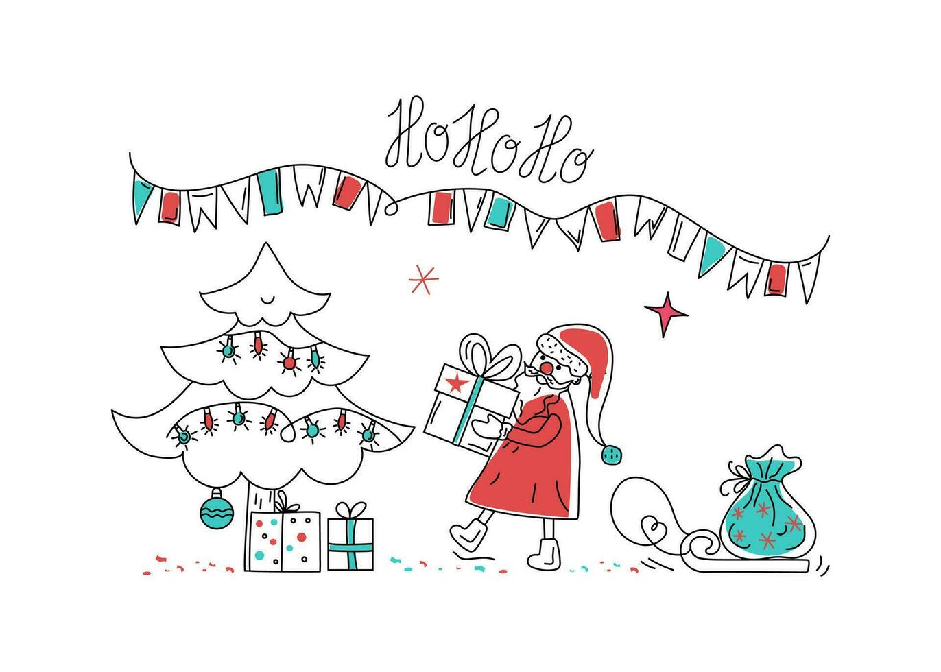 Papa Noel, Navidad árbol y trineo y cajas con regalos. Navidad árbol. papel picado, inscripciones, iconos mano dibujado dibujos. festivo decoración, banderas y eléctrico guirnalda. vector garabatear.