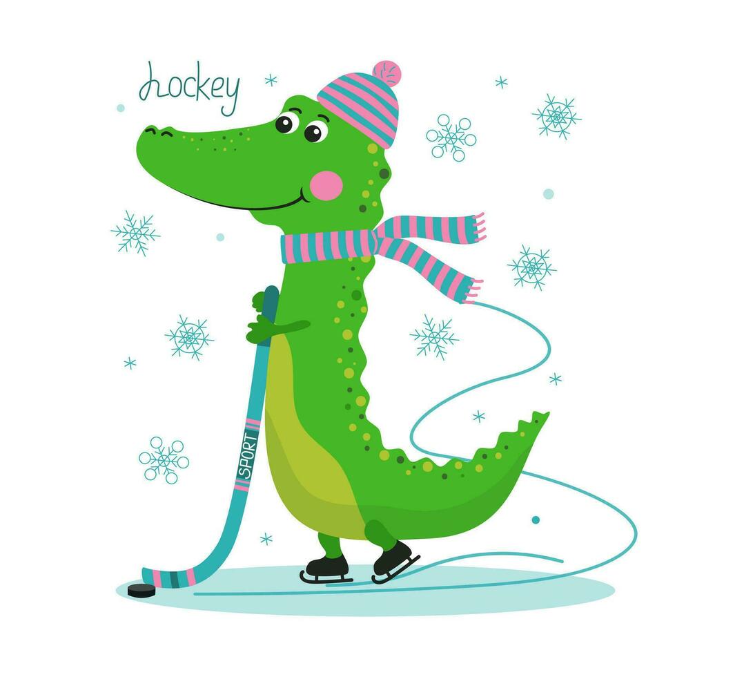 Cheerful cartoon crocodile skating on a skating rink. Crocodile hockey player with a hockey stick and a hockey puck. Winter sport. Holiday decor. Crocodile in warm knitted clothes, hat and scarf. vector