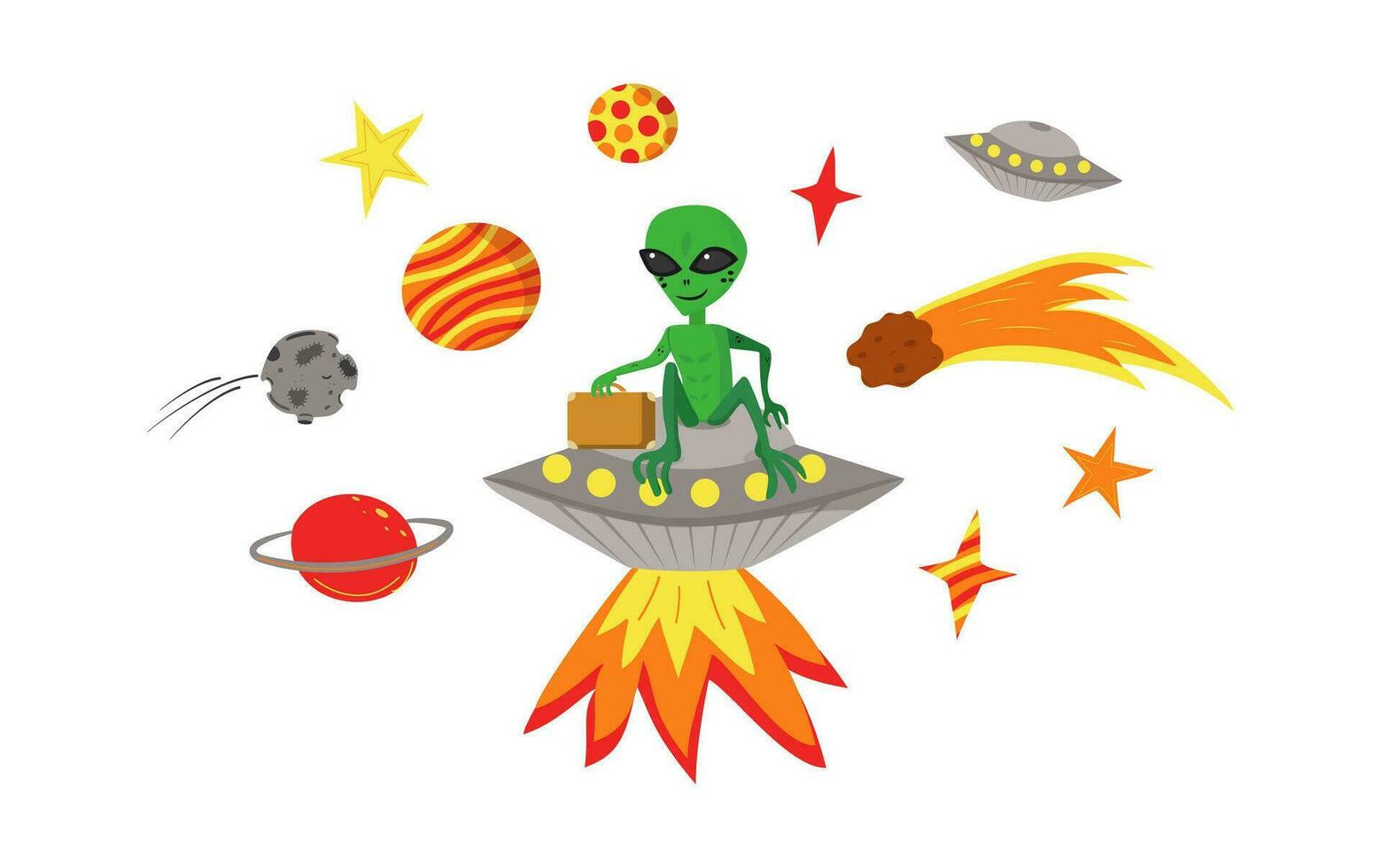 vector conjunto de espacio elementos. OVNI, extraterrestre, astronave, cometa, planetas, estrellas, espacio, asteroide, bólido. cómic dibujos animados ilustraciones aislado en blanco. conceptos para niños impresión.