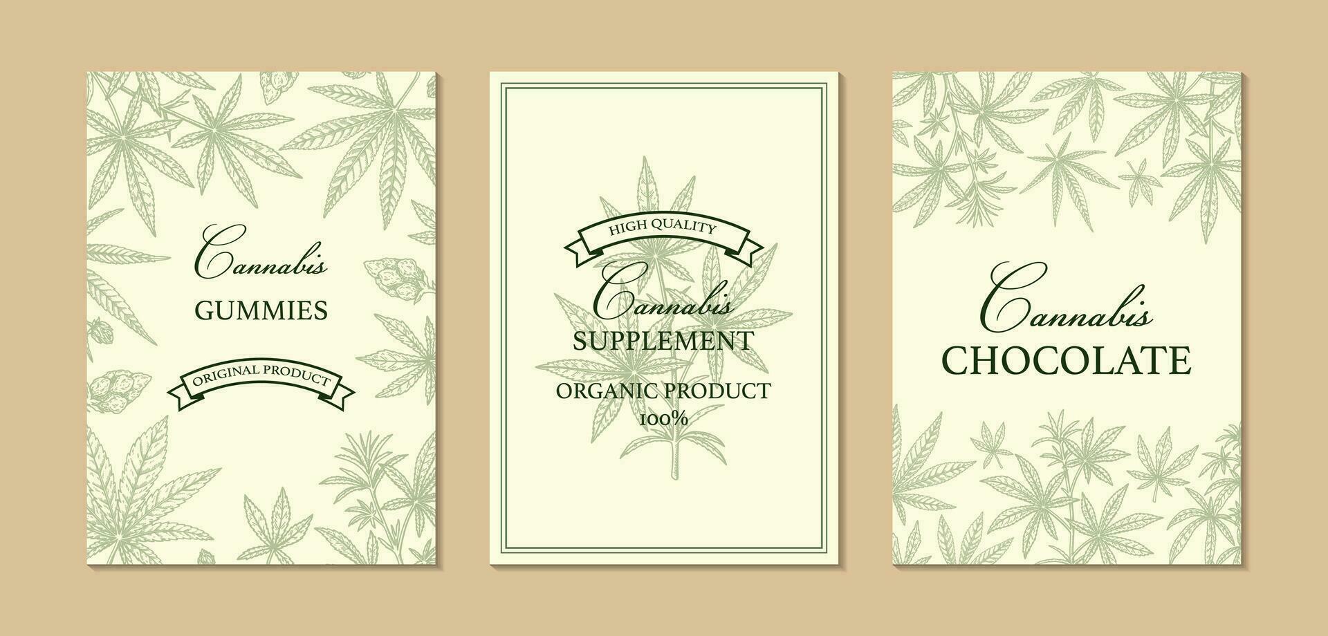 Cannabis vertical design for packaging, social media posts, store decoration, branding, certificates. Marijuana vector illustration in sketch style. Hemp engraved background