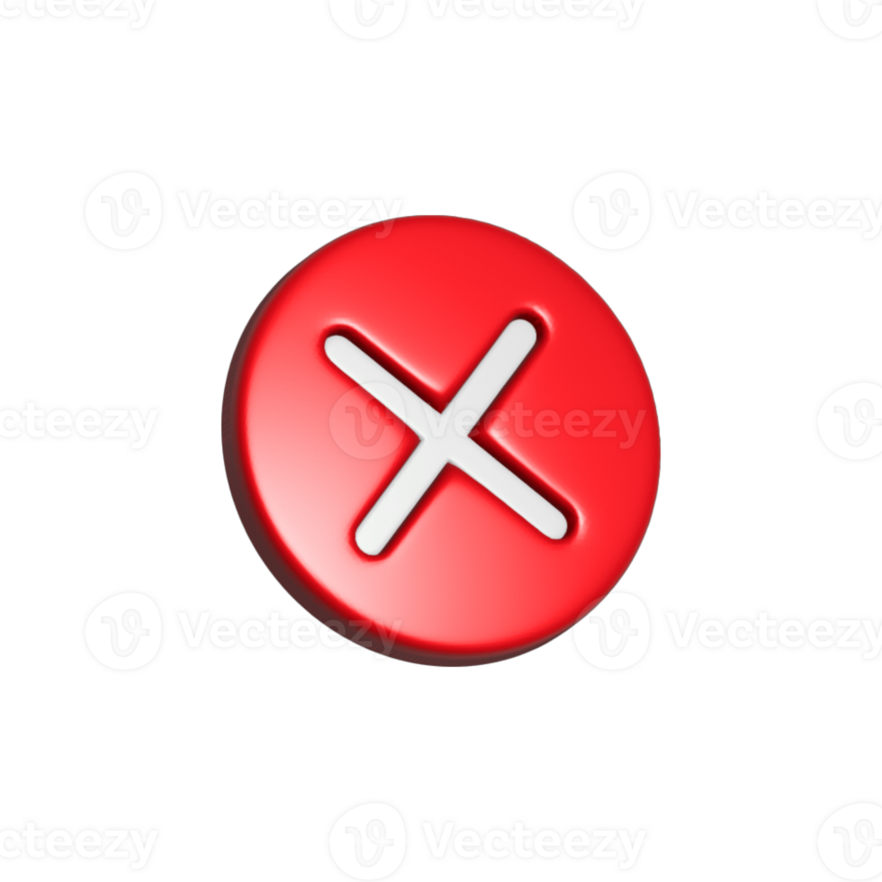 3d red cross png button, wrong symbol, cancel icon isolated on