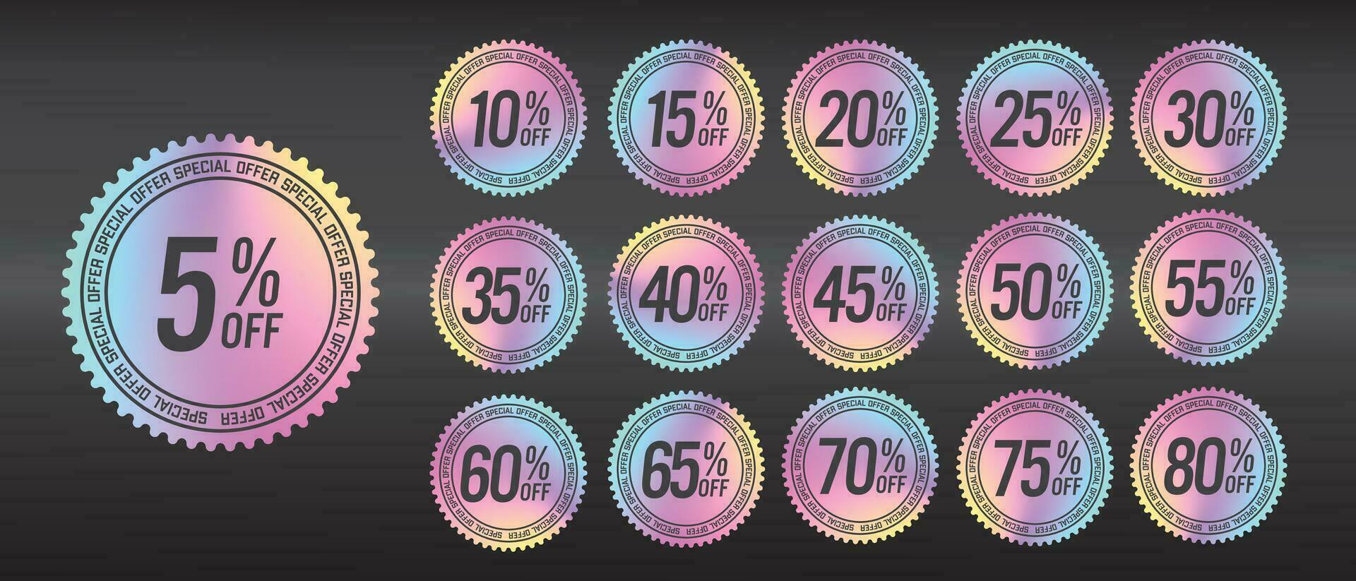 Holographic Sticker with 5, 10, 15, 20 25, 30, 35, 40, 45, 50, 55, 60, 65, 70, 75, 80 off discount promotion vector