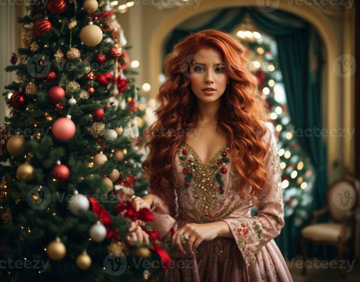 un hermosa mujer con Navidad árbol, contento nuevo año concepto, ai generado foto