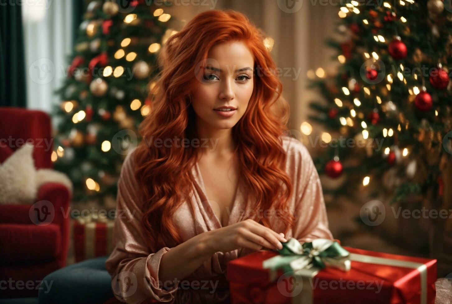a beautiful woman with christmas tree, happy new year concept, AI Generated photo