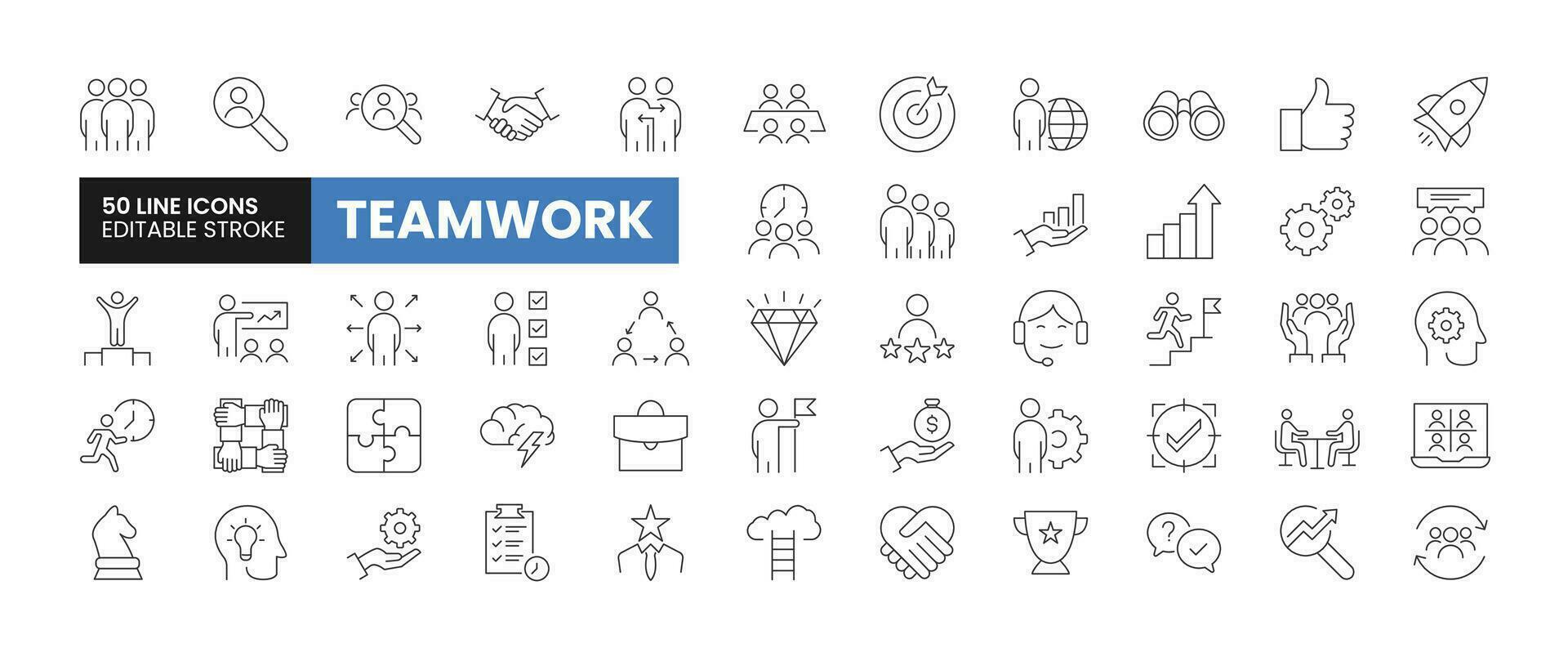 Set of 50 Teamwork line icons set. Teamwork outline icons with editable stroke collection. Includes Teamwork, Presentation, Team, Communication, Human Resources and More. vector