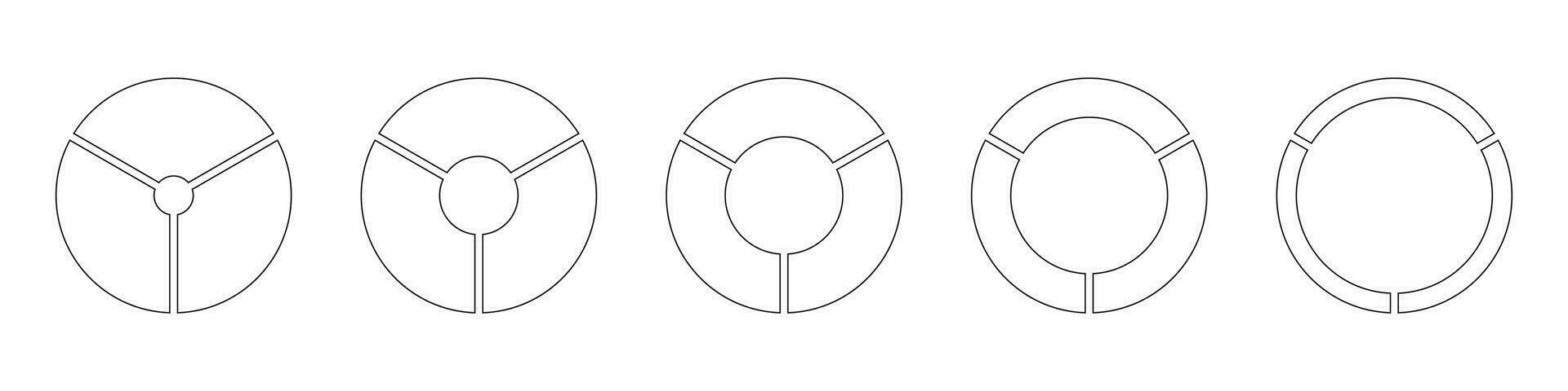 Wheels round divided, three sections. Diagrams infographic set. Circle section graph line art. Pie chart simple icons. Outline donut charts, pies segmented on 3 equal parts. Geometric vector elements.