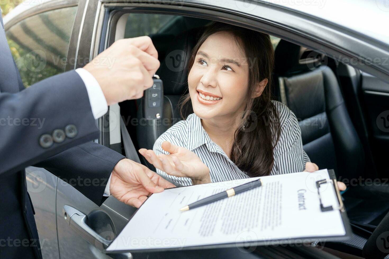 lease, rental car, sell, buy. Dealership manager send car keys to the new owner.  Sales, loan credit financial, rent vehicle, insurance,  renting, Seller, dealer, installment, car care business photo