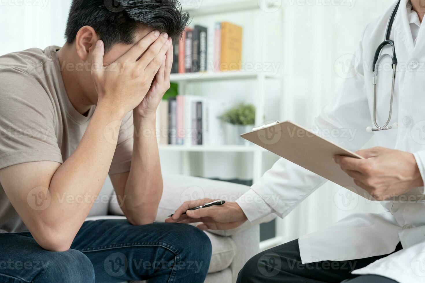 psychiatrist holds feel worried while discussing life and family issues. doctor encourages and empathy woman suffers depression. psychological, save divorce, Hand in hand together, trust photo