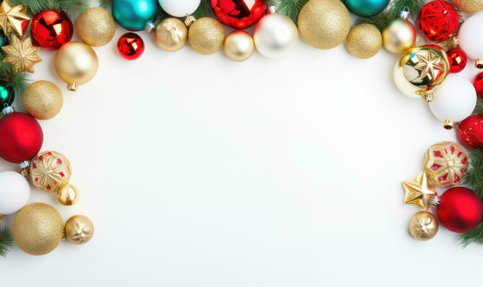 Frame of beautiful golden, blue, red, white, green Christmas ornaments AI Generated photo