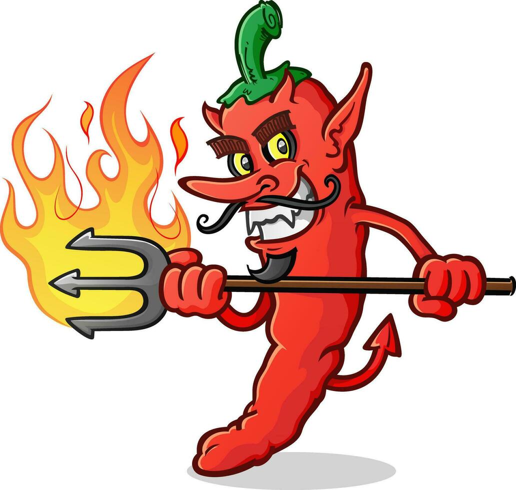 An evil red hot pepper devil cartoon character stabbing with a flaming pitchfork and giving an devilish grin with his curly mustache vector