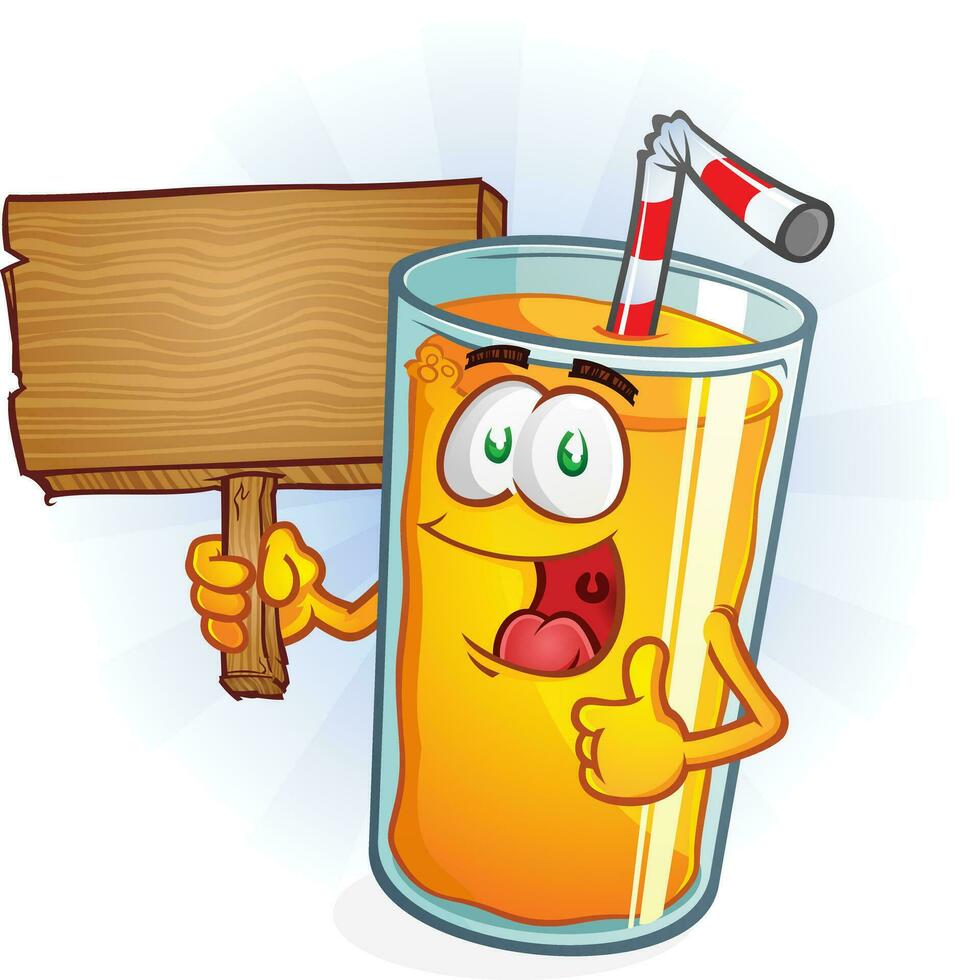 Orange Juice breakfast Cartoon Character Holding a wooden Sign with a big smile on his face vector clip art