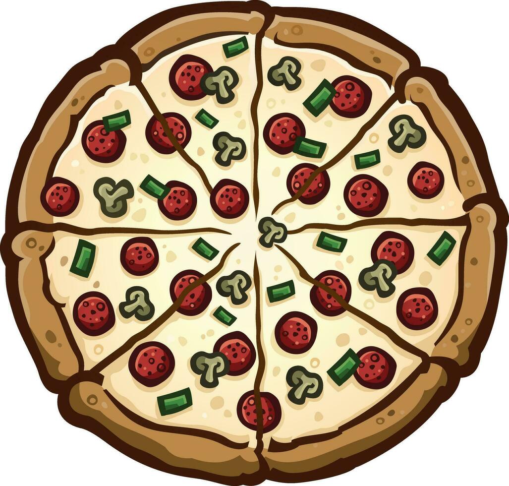 Large deluxe pizza pie covered in pepperoni green peppers and mushrooms cartoon vector clip art