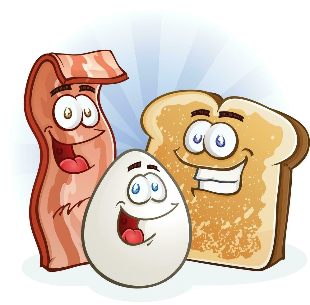 Bacon, Egg and Toast Cartoon Breakfast Characters vector clip art