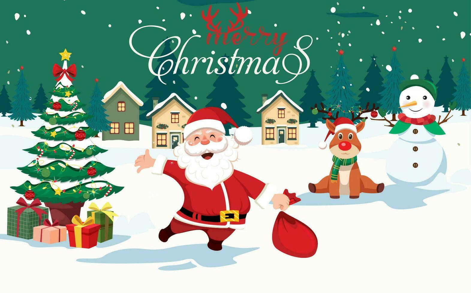 Christmas Background With Santa Claus Christmas Tree and Rain Deer vector