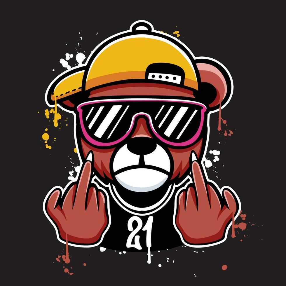 vector graffiti hand drawn teddy bear with middle finger designs for streetwear illustration