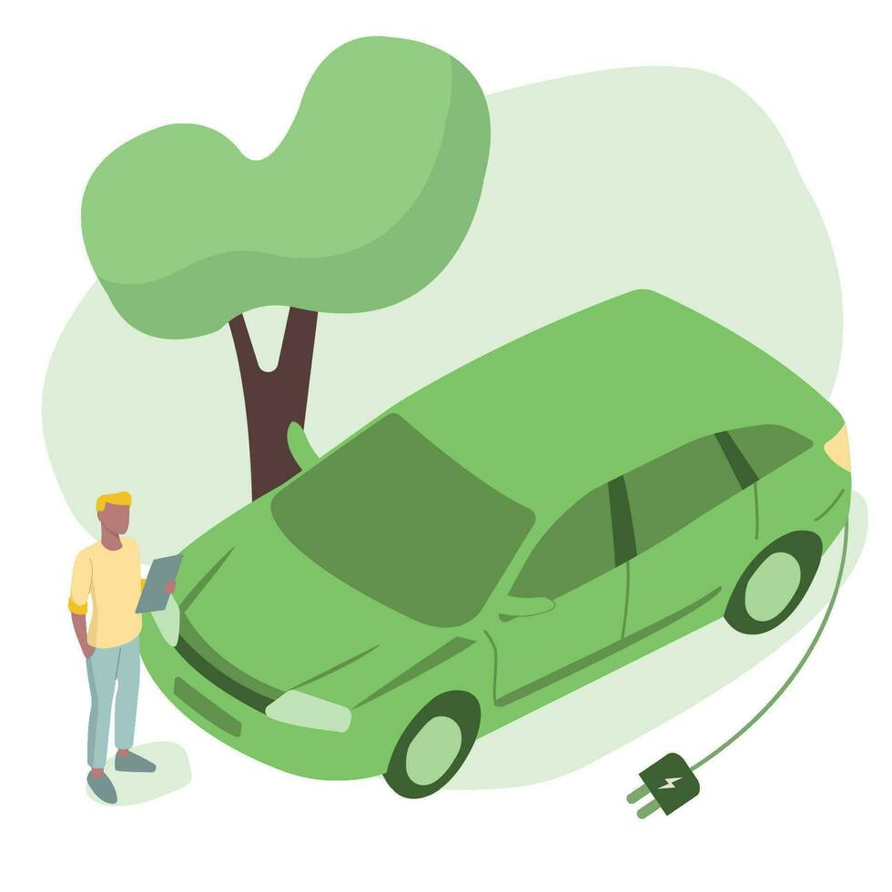 Electric car with plug, EV car, Eco friendly vehicle concept, Vector illustration