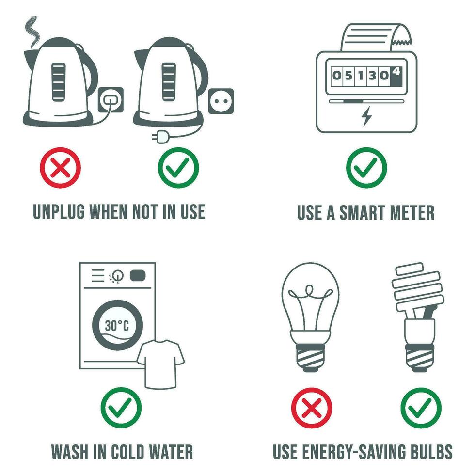 Vector set of flat illustrations which help to reduce the usage of electricity and reduce the fee for utilities
