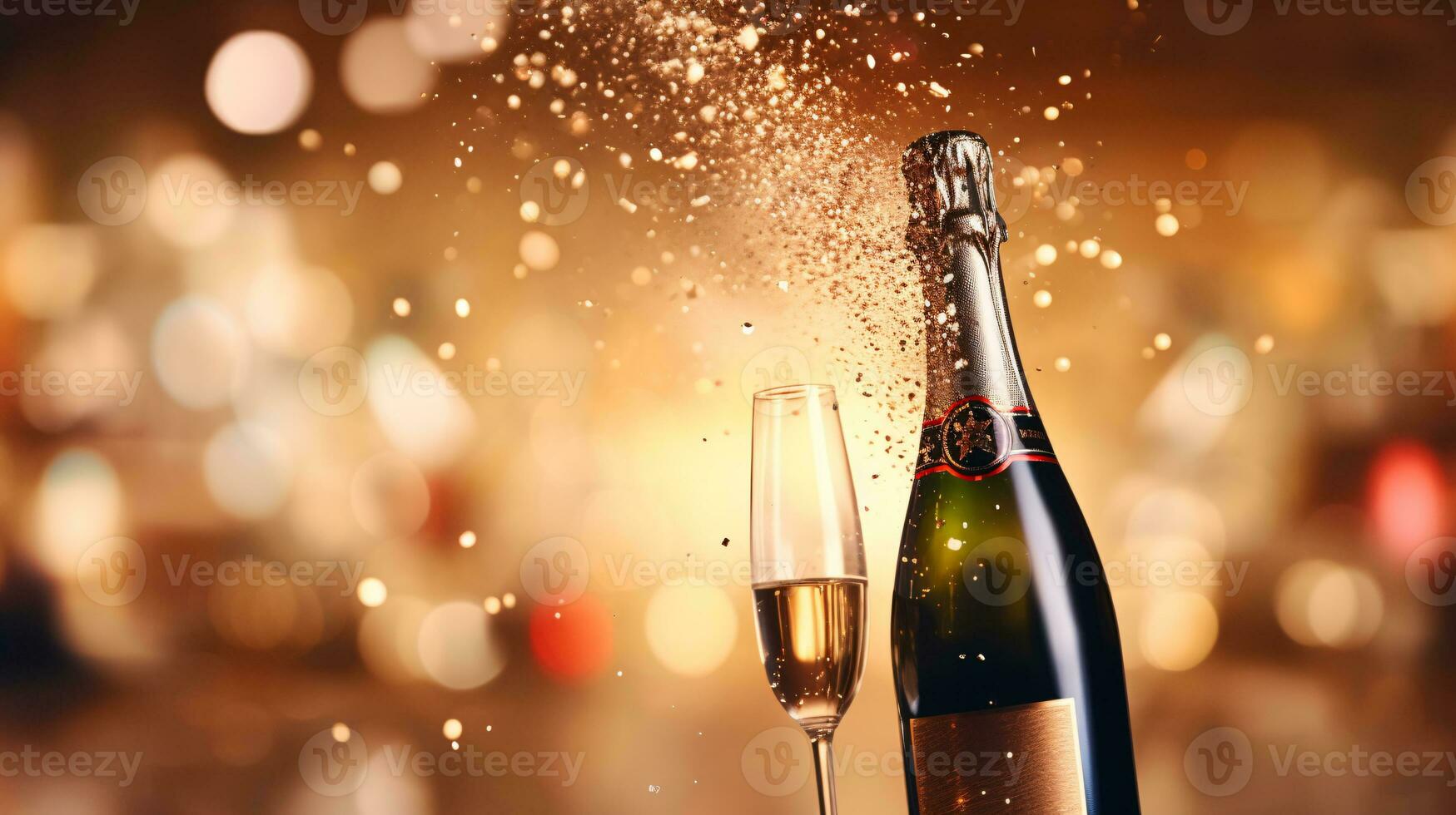 ai generative Champagne popping and pouring with blurred bokeh background photo