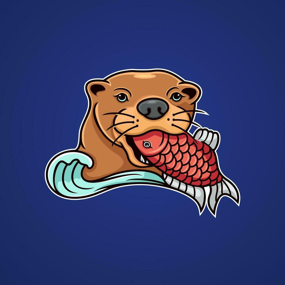 ilustración de un linda nutria, comiendo pez. vector