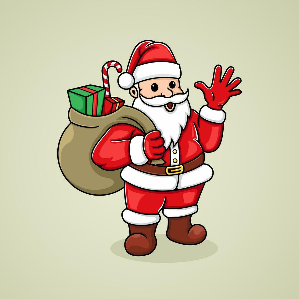 contento Navidad ilustración, Papa Noel claus que lleva un regalo bolsa. vector