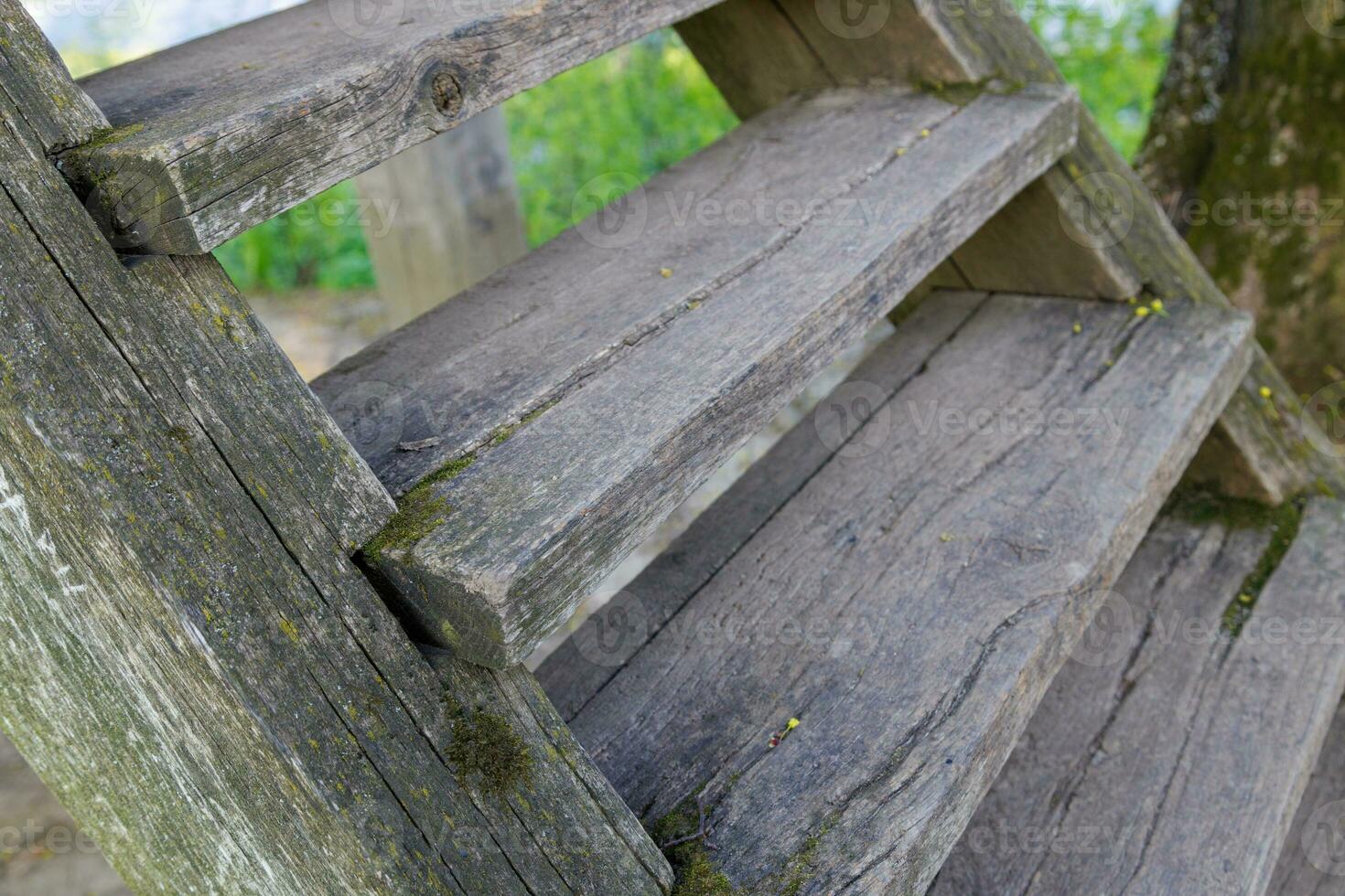 old dry wooden stairs at summer day, closeup with selective focus photo