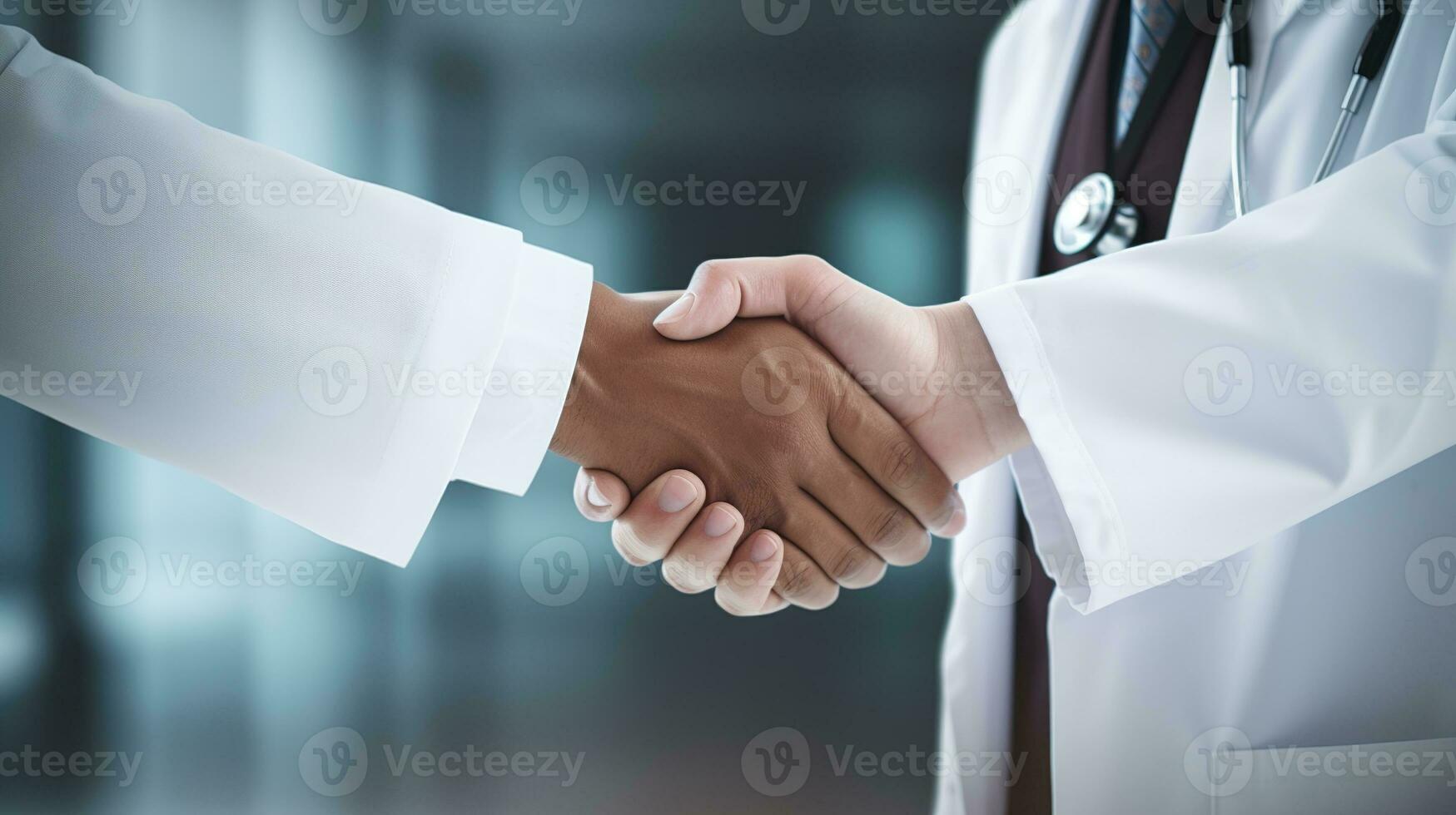 two doctors shaking hands in an office.  AI generative photo